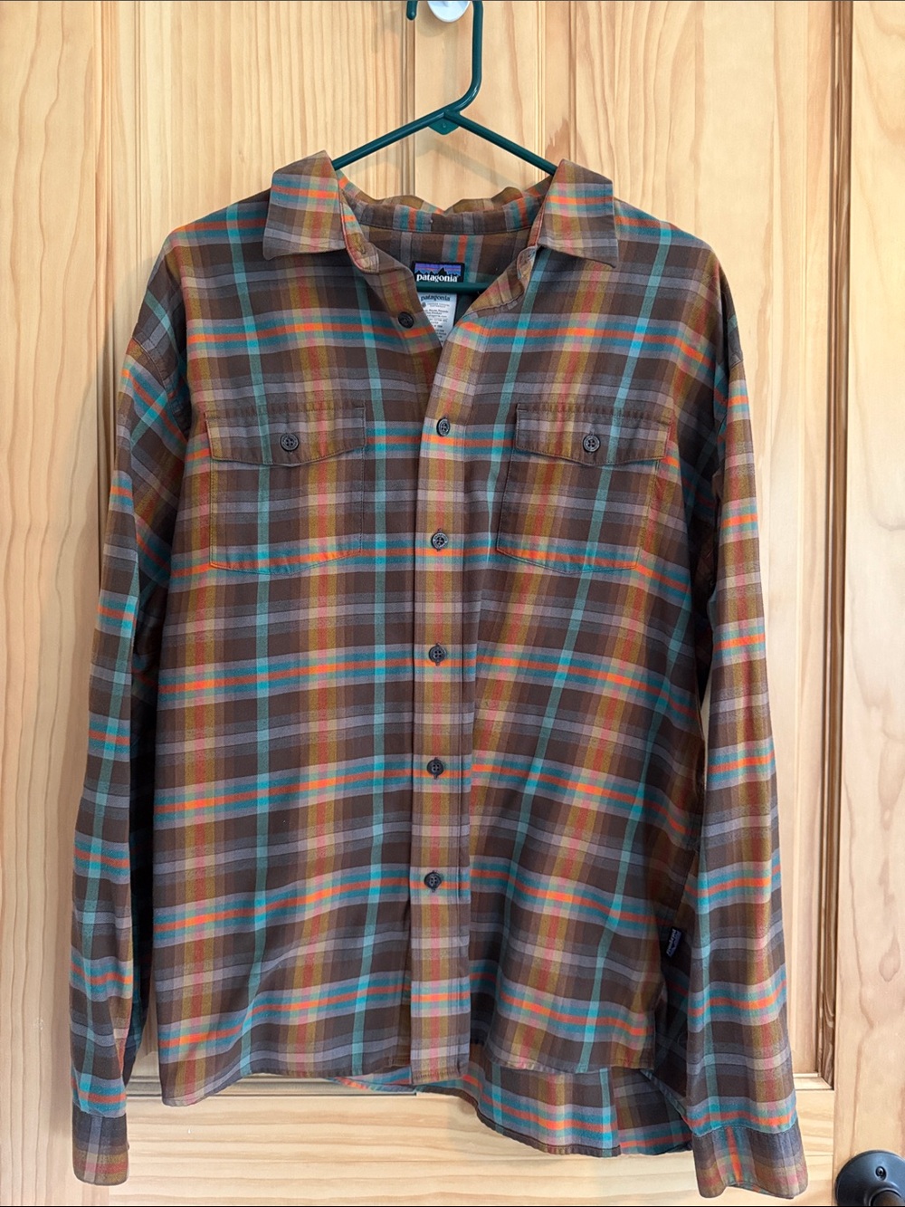 Patagonia Brown Plaid Shirt with Teal & Orange Stripes